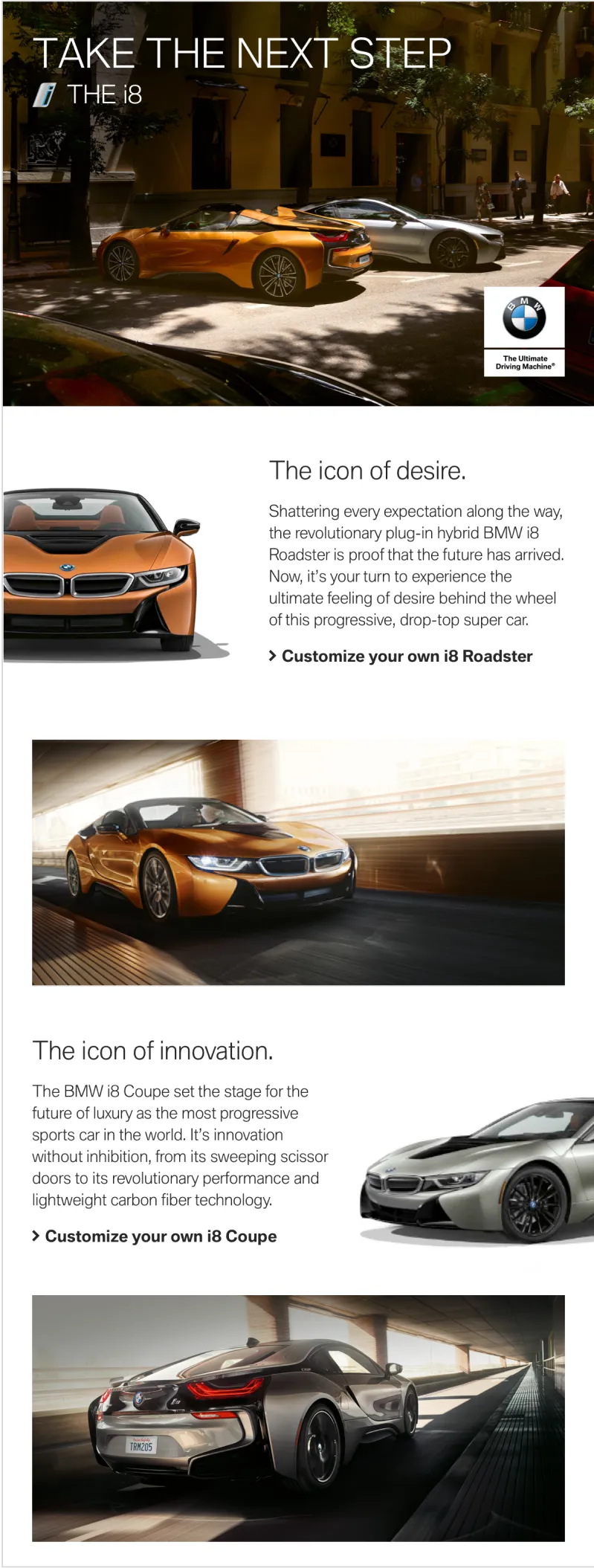 advertisement for an orange BMW i8 sportscar